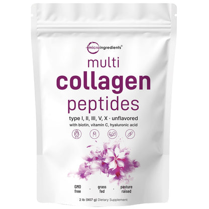 Micro Ingredients Multi Collagen Peptides Powder - Hydrolyzed Protein Peptides (Type I,II,III,V,X) with Hyaluronic Acid, Biotin & Vitamin C Unflavored